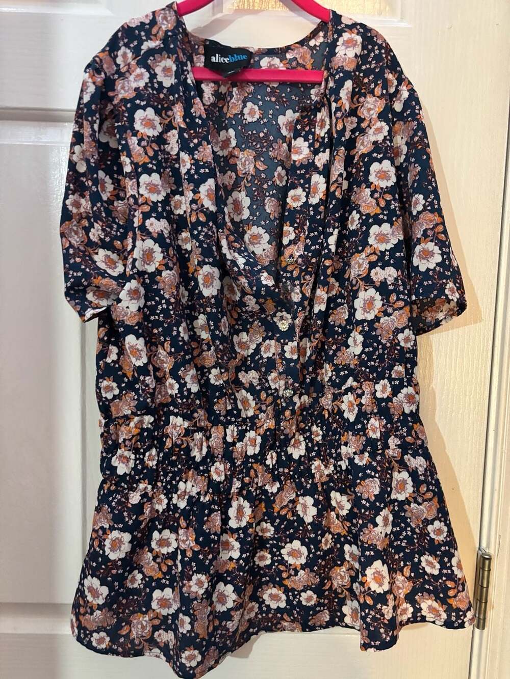 aliceblue Floral Print Short Sleeve Smocked Waist Blouse Size XL